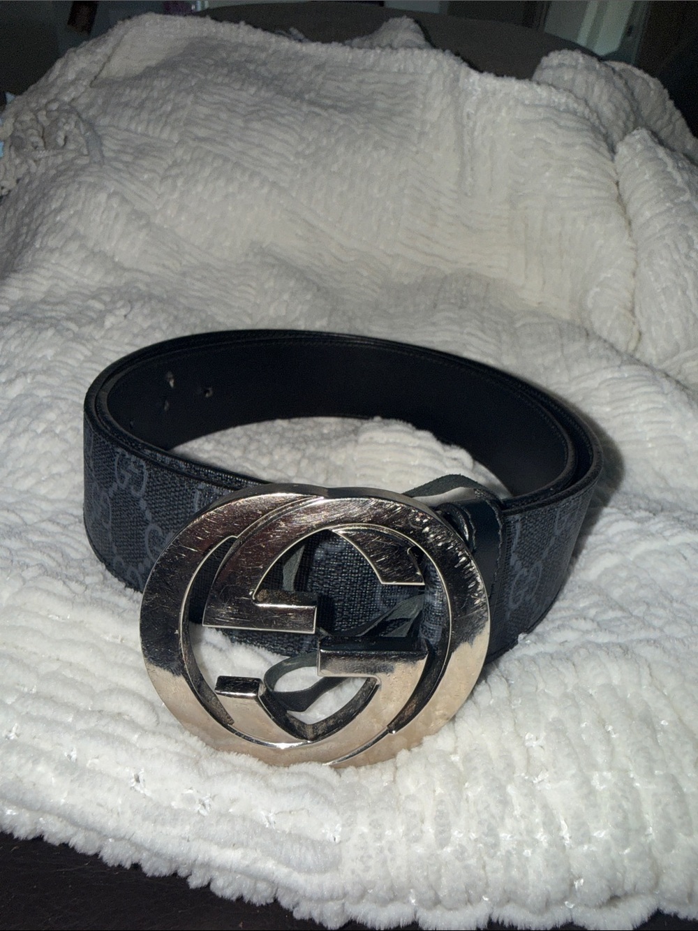 Gucci Black GG Canvas Belt with Large Silver Interlocking G Buckle